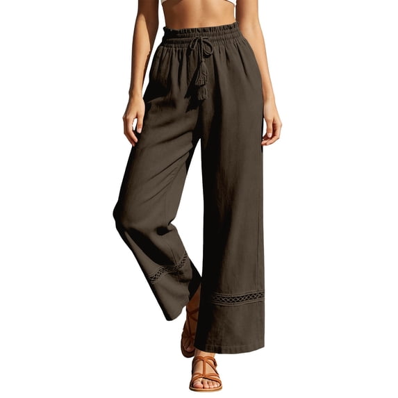 Womens Wide Leg Linen Pants High Waisted Drawstring Palazzo Casual Summer Beach Pants with Pockets