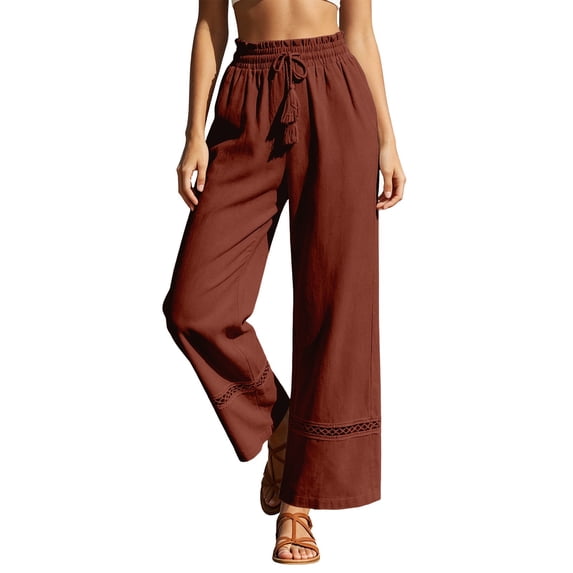 Womens Wide Leg Linen Pants High Waisted Drawstring Palazzo Casual Summer Beach Pants with Pockets