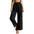 thumbnail image 1 of Womens Wide Leg Linen Pants High Waisted Drawstring Palazzo Casual Summer Beach Pants with Pockets, 1 of 4