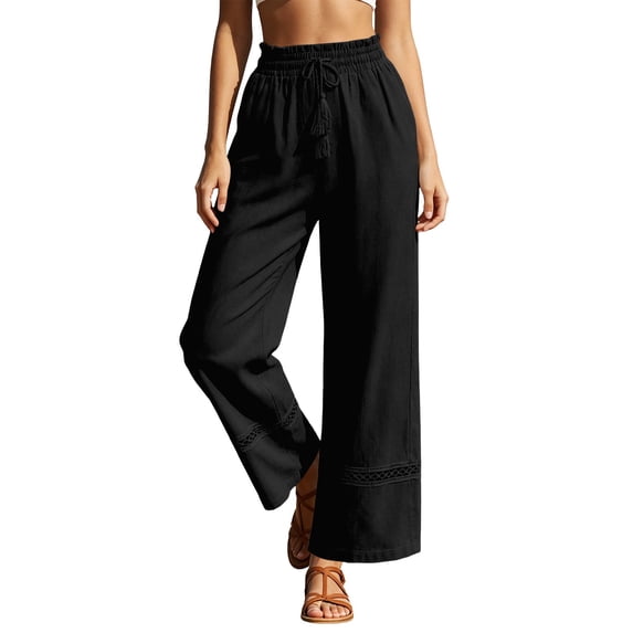 Womens Wide Leg Linen Pants High Waisted Drawstring Palazzo Casual Summer Beach Pants with Pockets
