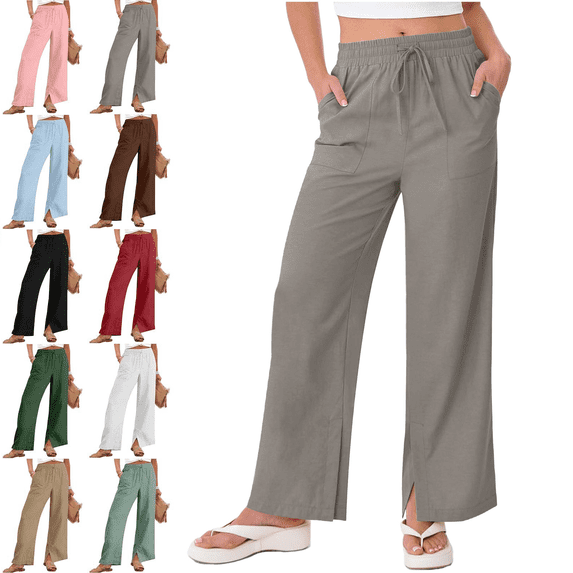Womens Wide Leg Linen Pants Solid Color Loose Straight Leg Pants Drawstring Elastic Waist With Pockets Summer Beach Vacation Clothes Size S-4XL