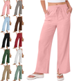 thumbnail image 1 of Womens Wide Leg Linen Pants Solid Color Loose Straight Leg Pants Drawstring Elastic Waist With Pockets Summer Beach Vacation Clothes Size S-4XL, 1 of 9
