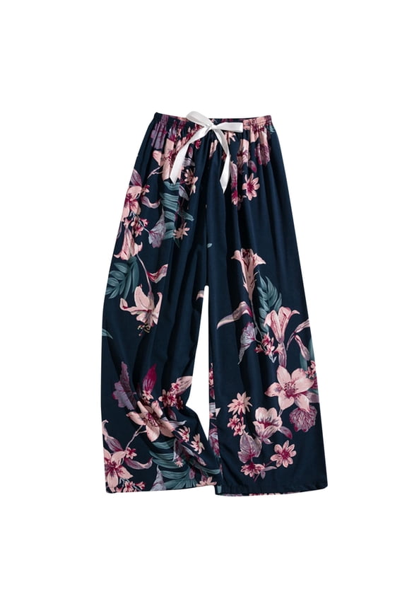 Womens Wide Leg Lounge Pants - Floral Print Soft Nylon & Spandex Sleep Pajama Drawstring Elastic Waist,Size Free Size