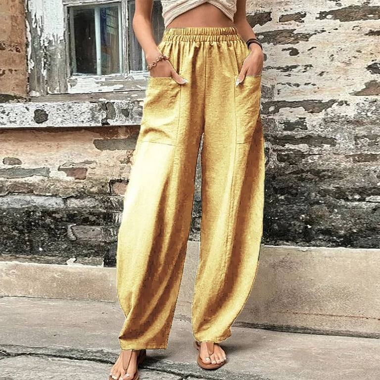 Womens Wide Leg Lounge Pants with Front Pockets Solid Color Loose Trousers  Fashion Plus Size Casual Beach Pants (X-Large, Yellow)