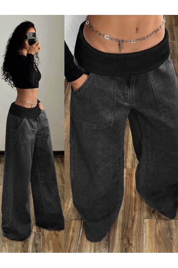Womens Wide-Leg Low-Rise Black-2 Wash Denim Jeans With Chain Waist Detail