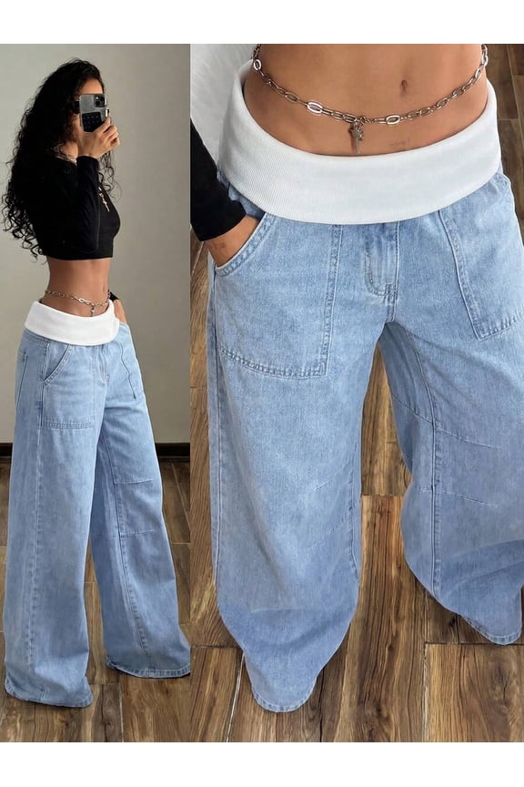 Womens Wide-Leg Low-Rise Light Wash Blue Denim Jeans With Chain Waist