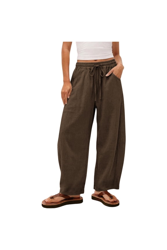 Womens Wide Leg Oversized Pants Cotton Drawstring Elastic Waist Loose Summer Casual High Waisted Pants with Pockets