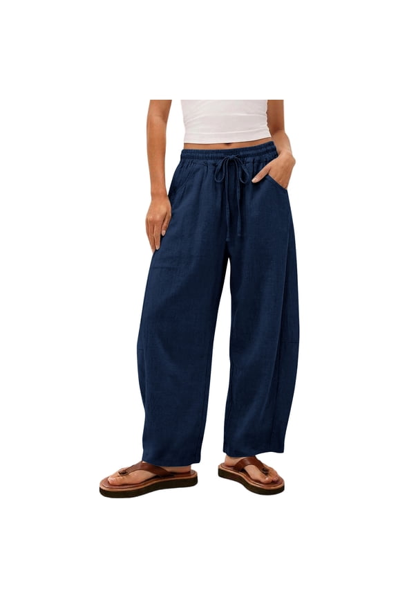 Womens Wide Leg Oversized Pants Cotton Drawstring Elastic Waist Loose Summer Casual High Waisted Pants with Pockets