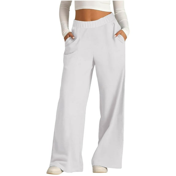 Womens Wide Leg Pajama Pants Baggy Casual Lounge Sleep Pants with Pockets Elastic Waist Pull-On Pjs Bottoms White, L