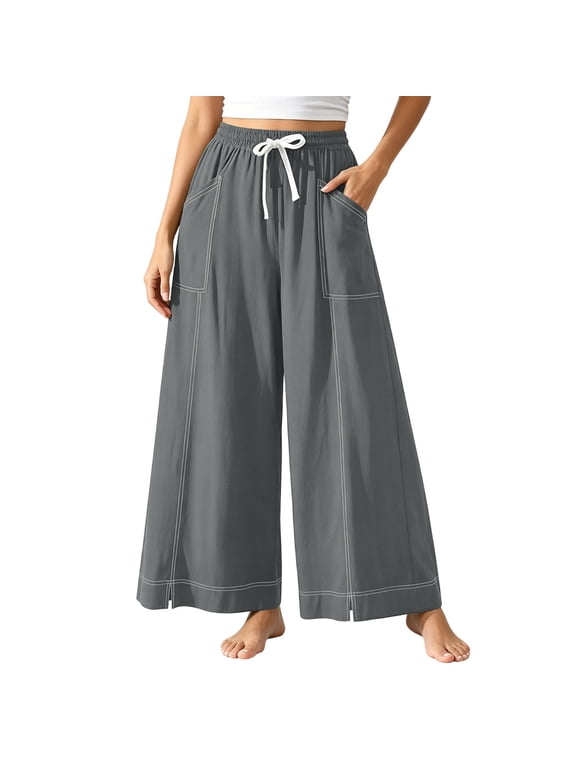 Womens Wide Leg Palazzo Cotton Pants Casual Gaucho Elastic High Waist Flowy Drawstring Dress Pants with Pockets