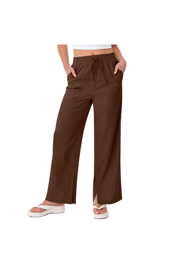 Womens Wide Leg Palazzo Linen Pants High Waist Split Ankle Casual Flowy Boho Travel Pant Summer Lounge Beach Vacation