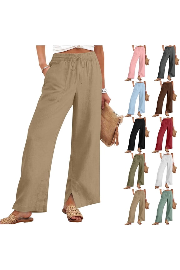 Womens Wide Leg Palazzo Linen Pants High Waist Split Ankle Casual Lounge Beach Vacation Pants 2026 Spring Summer Pink 2XL