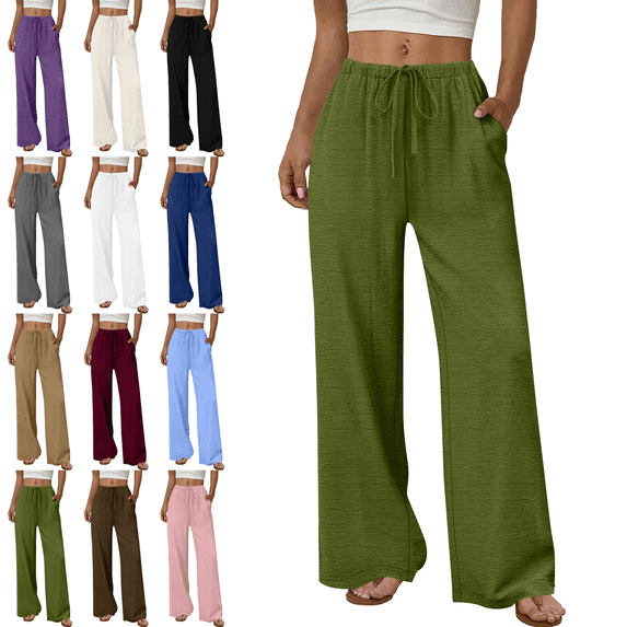 Womens Wide Leg Palazzo Pants 2026 Flowy Casual Pants for Women Straight Leg Elastic Waisted Stretch Beach Trousers with Pockets Size S-2XL