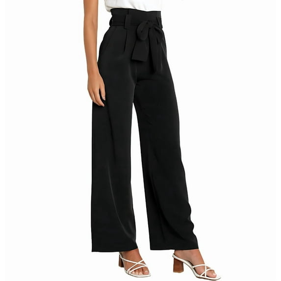 Womens Wide Leg Palazzo Pants Belted High Waisted Business Casual Flowy Long Trousers with Pockets Black L
