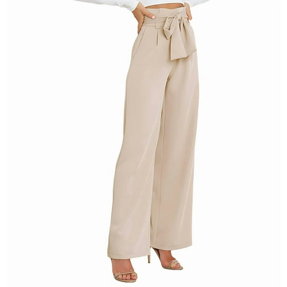Womens Wide Leg Palazzo Pants Belted High Waisted Business Casual Flowy Long Trousers with Pockets L