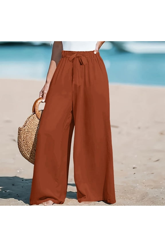Womens Wide Leg Palazzo Pants Belted High Waisted Business Casual Flowy Long Trousers with Pockets Light Brown 2XL