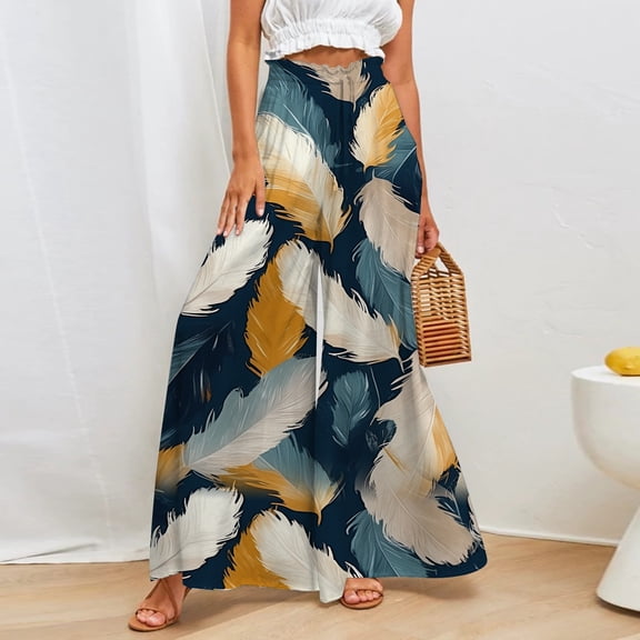 Womens Wide Leg Palazzo Pants Boho Floral 2025 Summer Beach Culottes Flowy Casual Trousers For Vacation Womens Casual Loose Ripped Denim Pants Womens Fitted Pants for Work Pants for Women Work Casual