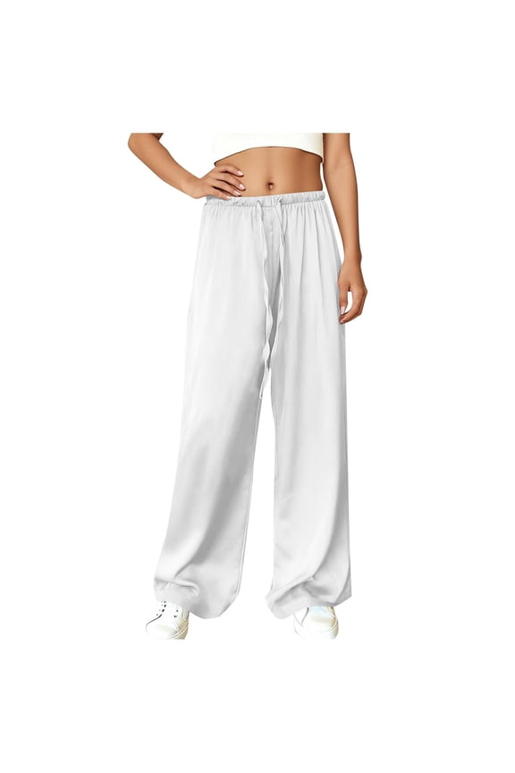 Womens Wide Leg Palazzo Pants Satin Silk Casual Loose Elastic Waist Drawstring Lounge Pants Lightweight Comfy Pajama Bottoms White