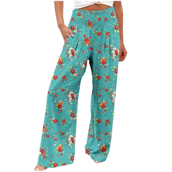 Womens Wide Leg Pant Boho Floral Printed Summer Palazzo Pants Casual Loose Flowy Beach Vacation Trousers