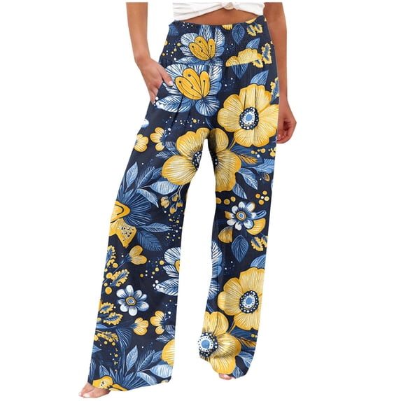 Womens Wide Leg Pant Boho Floral Printed Summer Palazzo Pants Casual Loose Flowy Beach Vacation Trousers
