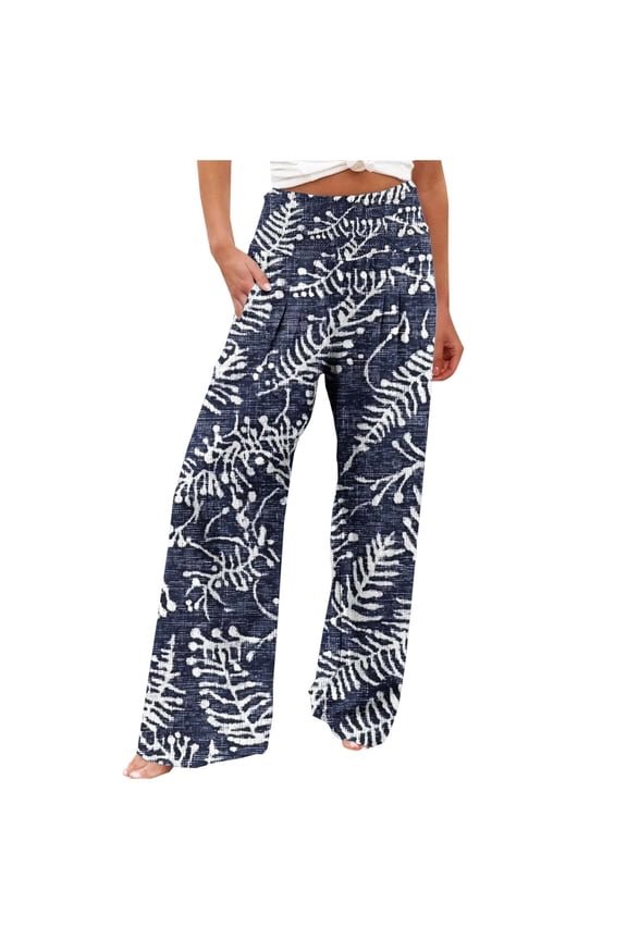 Womens Wide Leg Pant Boho Floral Printed Summer Palazzo Pants Casual Loose Flowy Beach Vacation Trousers