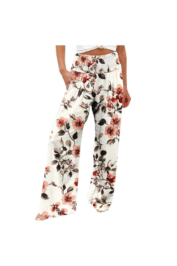 Womens Wide Leg Pant Boho Floral Printed Summer Palazzo Pants Casual Loose Flowy Beach Vacation Trousers