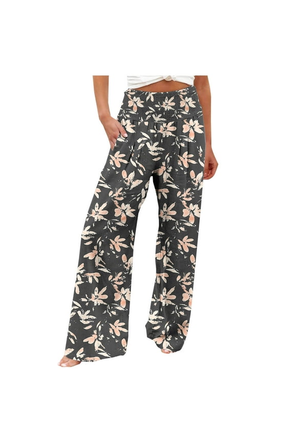 Womens Wide Leg Pant Boho Floral Printed Summer Palazzo Pants Casual Loose Flowy Beach Vacation Trousers