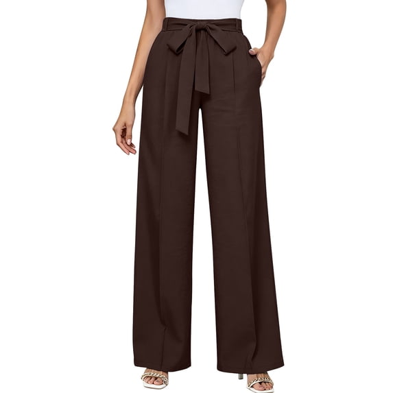 Womens Wide Leg Pants BWASD Casual Adjustable Tie Knot High WaistPalazzo with Pockets Loose Linen Pants Women Elegant Business Work Dress Trousers (Coffee XL)
