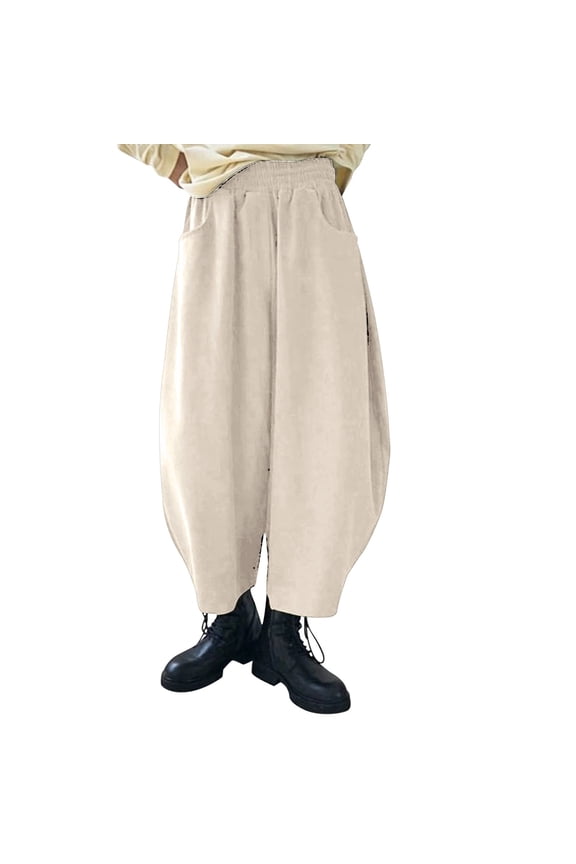 Womens Wide Leg Pants BWASD Casual Retro Baggy Drawstring Elastic Waist Bloomer Pant with Pockets Loose Palazzo Lounge Trousers Solid Color Barrel Y2k (Beige,L)
