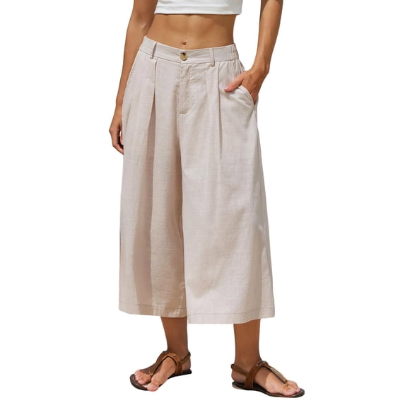 Womens Wide Leg Pants BWASD Casual Solid Color Cotton Linen Flowy Palazzo Trousers Business Work Outfit Summer Fashion Beach Vacation Capris Pants Trendy (Beige,L)