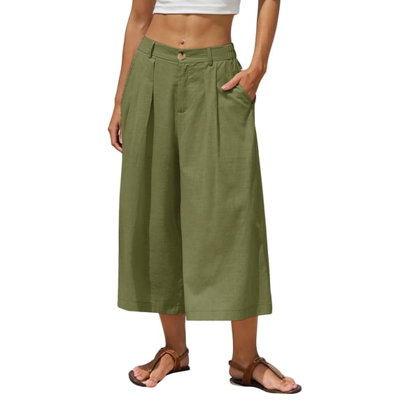 Womens Wide Leg Pants BWASD Casual Solid Color Cotton Linen Flowy Palazzo Trousers Business Work Outfit Summer Fashion Beach Vacation Capris Pants Trendy (Army Green,L)