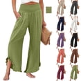 thumbnail image 1 of Womens Wide Leg Pants BWASD Fashion Elegant Cotton Linen Ruffled Trim Elastic Waist Vacation Trousers Flowy Palazzo Pants with Pockets Comfortable Beach Trousers 2044 (Green,L), 1 of 9