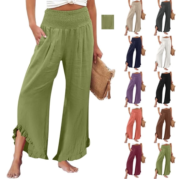 Womens Wide Leg Pants BWASD Fashion Elegant Cotton Linen Ruffled Trim Elastic Waist Vacation Trousers Flowy Palazzo Pants with Pockets Comfortable Beach Trousers 2044 (Green,L)