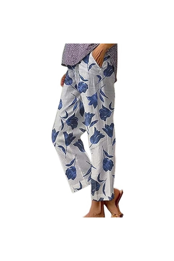 Womens Wide Leg Pants BWASD Fashion Floral Loose Lounge Trousers Business Casual Straight Trousers Retro Cotton Linen Pocket Capris Pants 2028 (Blue,3XL)