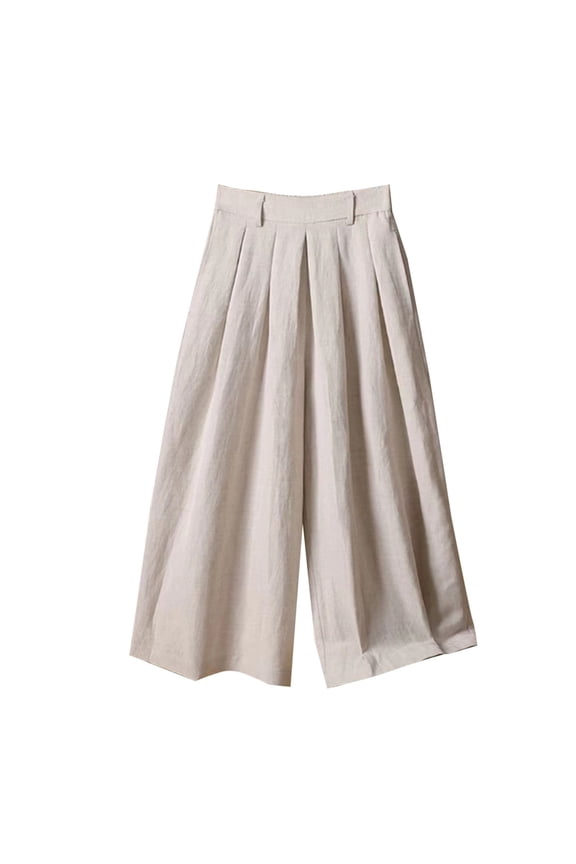 Womens Wide Leg Pants Capris Cotton Linen Baggy Solid Casual Comfy Pull On Palazzo Capri Pant Elastic Waist Loose Pleated Cropped Loungewear Trousers