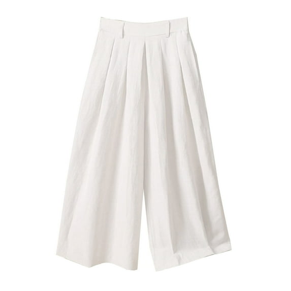 Womens Wide Leg Pants Capris Cotton Linen Baggy Solid Casual Comfy Pull On Palazzo Capri Pant Elastic Waist Loose Pleated Cropped Loungewear Trousers