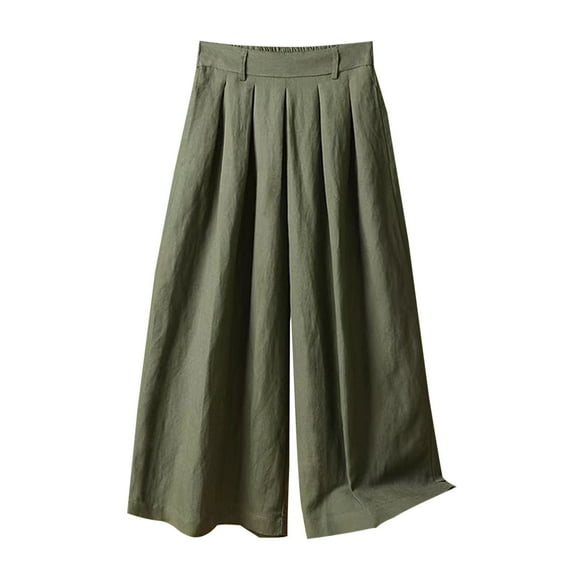 Womens Wide Leg Pants Capris Cotton Linen Baggy Solid Casual Comfy Pull On Palazzo Capri Pant Elastic Waist Loose Pleated Cropped Loungewear Trousers