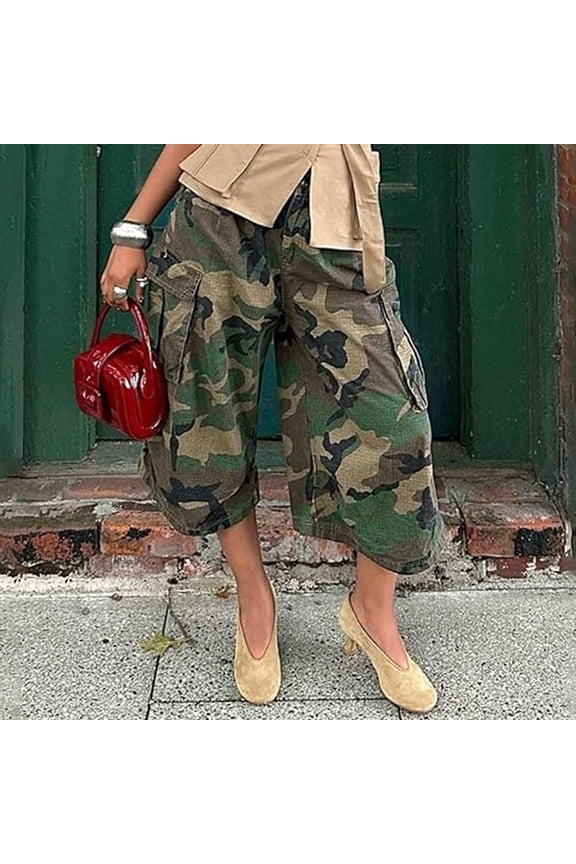 Womens Wide Leg Pants Cargo Joggers with Camouflage Printed Loose Streetwear Casual High Waist Trousers