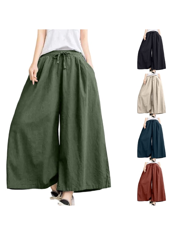 Womens Wide Leg Pants Casual Culottes Loose Drawstring Summer Beach Travel Vacation Palazzo Harem Pants With Pockets