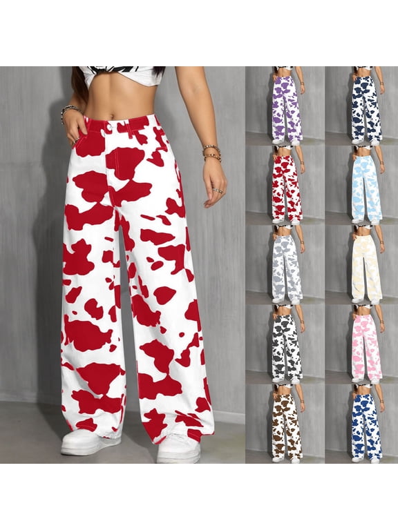 Womens Wide Leg Pants Casual High Waist Wide Leg Pants Cow Print Straight Denim Trousers