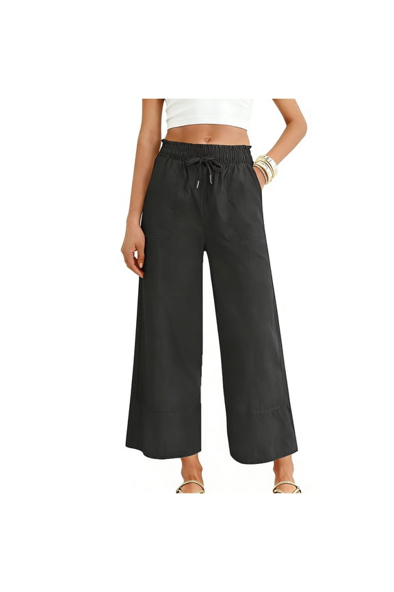 Womens Cotton Linen Palazzo Pants Drawstring Elastic Waist Casual Wide Leg Trousers with Pockets Spring Summer Fashion