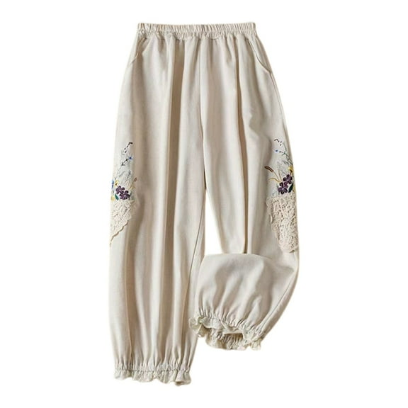 Womens Wide Leg Pants Casual Trousers Embroidered Lace Pocket Haren Nine Point Loose Summer Palazzo Pants For Womens Lounge Pants Beige L