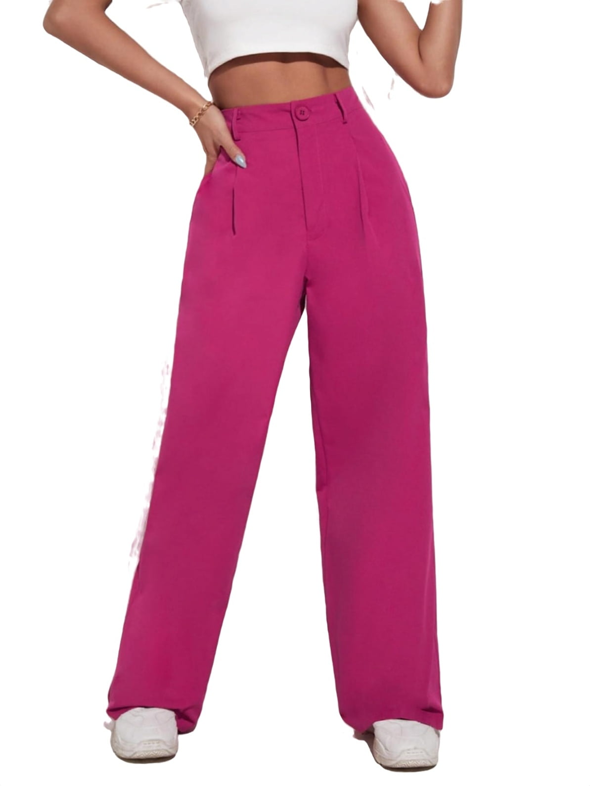Womens Wide Leg Pants Casual Zipper Fly High Waist Pink S