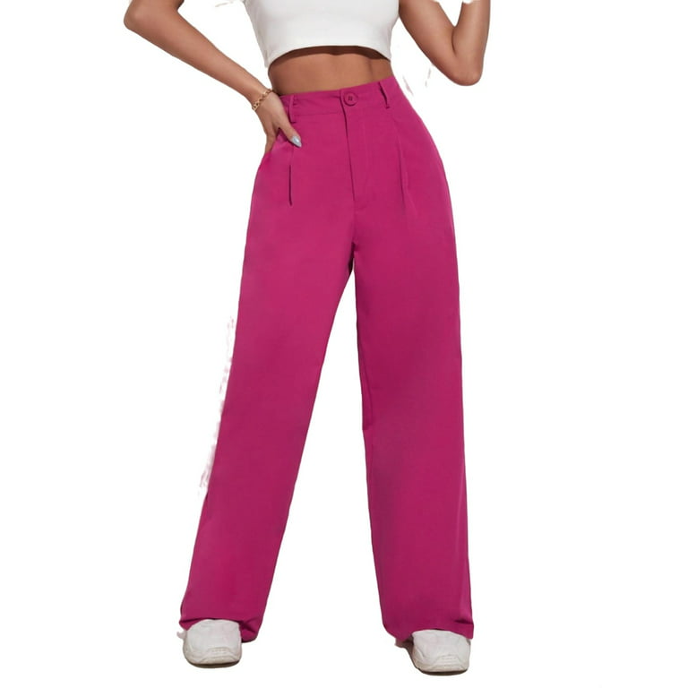 Womens Wide Leg Pants Casual Zipper Fly High Waist Hot Pink XS 