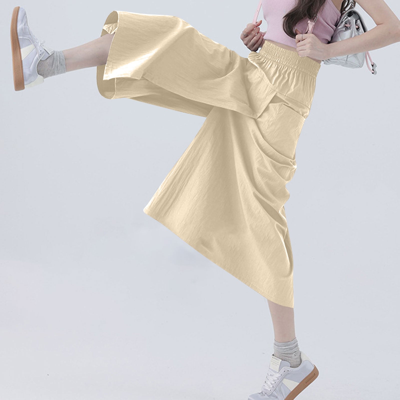 Womens Wide Leg Pants Chiffon Double Layers Pants with Pocket Elastic