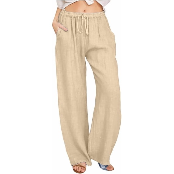Womens Wide Leg Pants Cotton Linen Pants for Women Lightweight Wide Leg High Waisted Casual Comfy Pants Ladies Summer Breathable Running Workout Lounge Pants