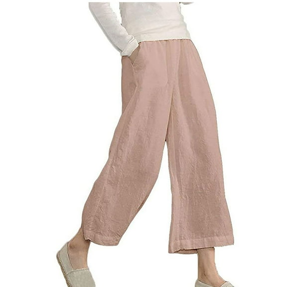 ZQUUVOU Womens Wide Leg Pants Cotton Linen Summer Casual Pocket Elastic Waist Long Wide Leg Pants Pink