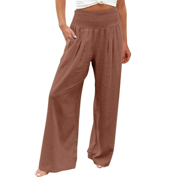 Womens Wide Leg Pants,Cotton Linen Wide Leg Pants for Women Summer Dressy Casual Elastic High Waist Smocked Palazzo Lounge Pants with Pockets
