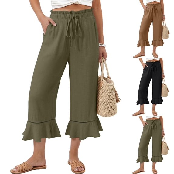 Womens Wide Leg Pants Drawstring Elastic High Waisted Ruffle Hem Capri Pants with Pockets Green S