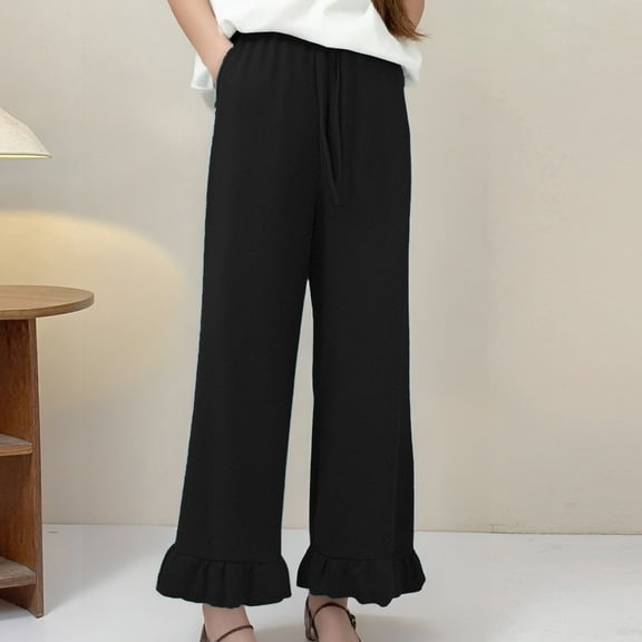 Womens Wide Leg Pants Drawstring Elastic High Waisted Ruffle Hem Palazzo Pants With Pockets Womens Pants Casual plus Size Womens Business Casual Pants Elastic Waist Womens Casual Drawstring Pants